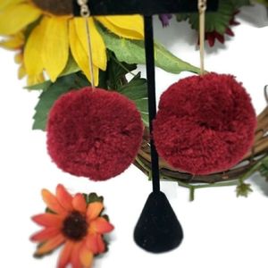 Burgundy Color Wool Pom Pom Gold Tone Earrings NWT